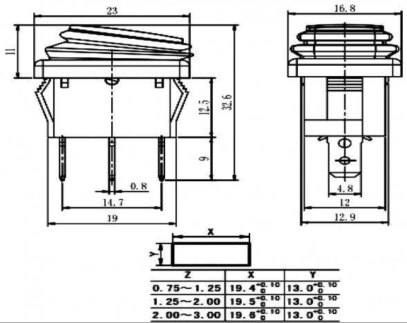 SB008 IP65 on-off-on 13x19.2mm Переключатель клавишный (рокерный)