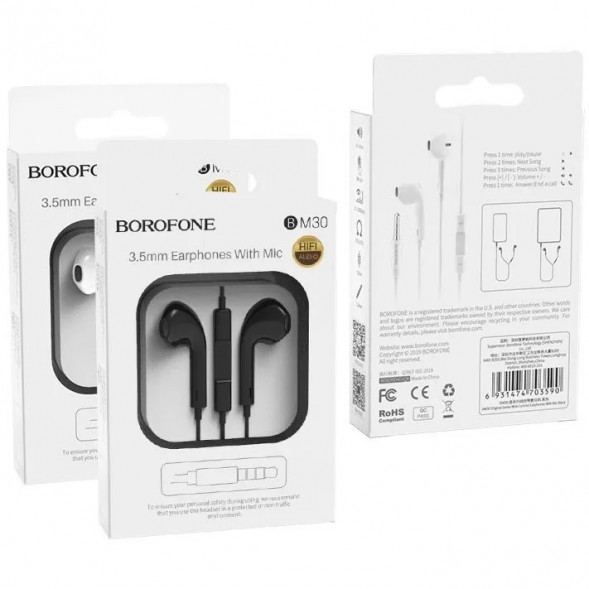 Гарнитура BOROFONE BM30 Original Series 3.5 мм, вкладыши, 1.2м (черный)
