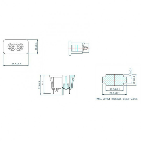 IEC320 C8 Разъем питания 220В гнездо на панель, крепление - защелки