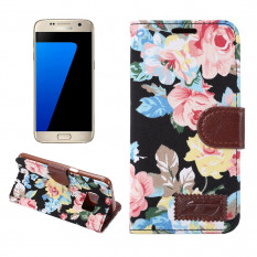 Чехол книжка с цветами для Samsung Galaxy S7 (SM-G930) (Черный)