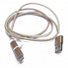 USB Кабель для iPhone с переходником Micro USB в тканевой оплетке с металлическими концевиками (золото)