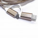 USB Кабель для iPhone с переходником Micro USB в тканевой оплетке с металлическими концевиками (золото)