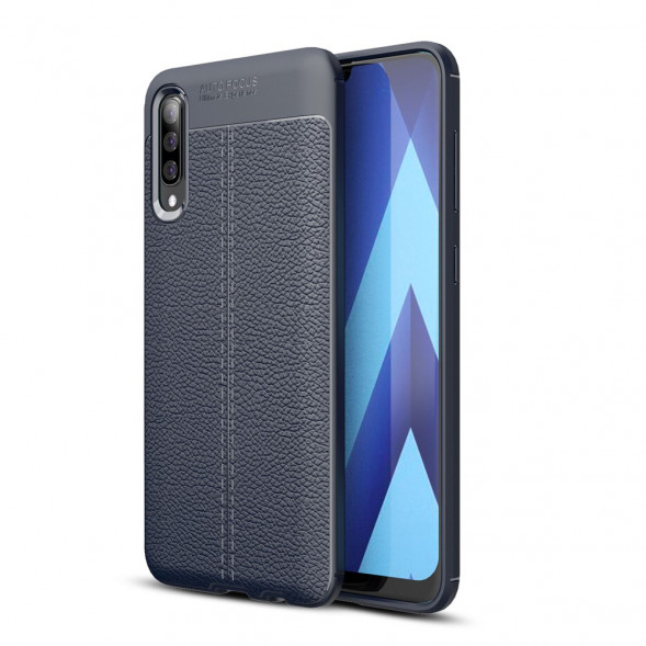 Чехол накладка Litchi Grain для Samsung Galaxy A50 (темно-синий)