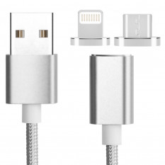 Магнитный кабель зарядки с насадками для iPhone / MicroUSB (серый)