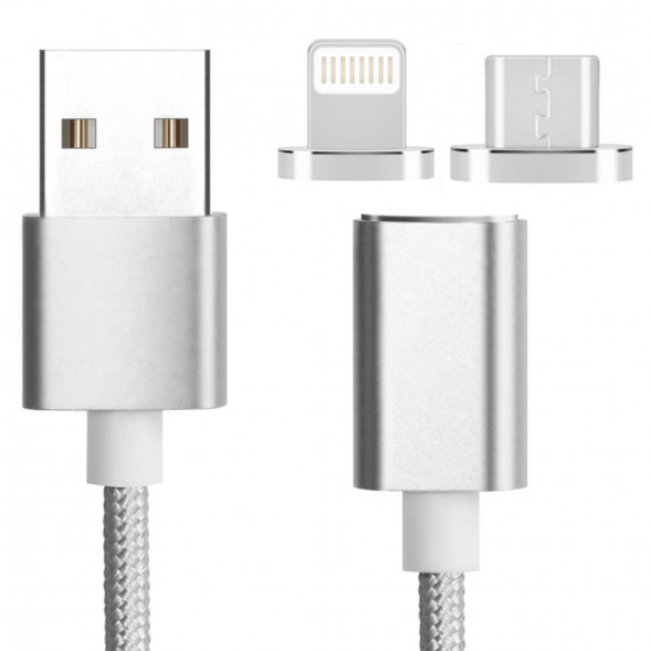 Магнитный кабель зарядки с насадками для iPhone / MicroUSB (серый)