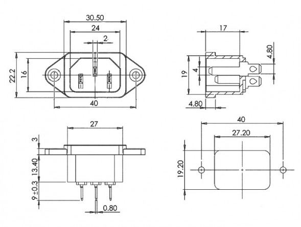 AC-016 Разъем питания 220В гнездо на панель