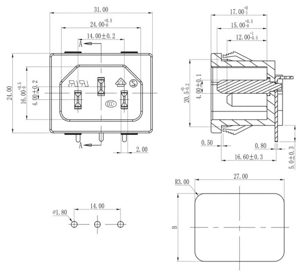 AC-018 Разъем питания 220В гнездо на панель