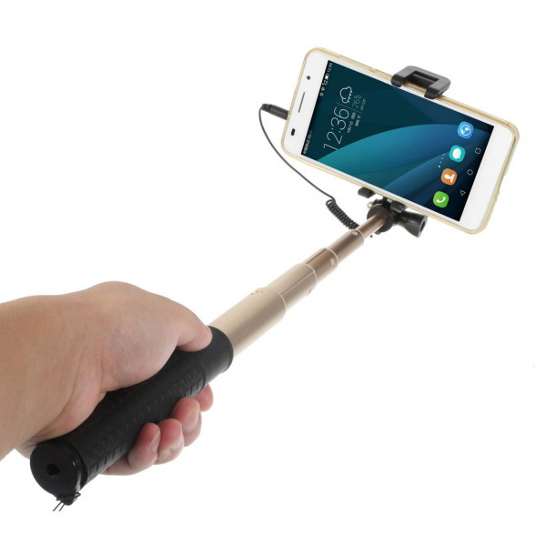 Алюминиевый выдвижной монопод селфи с 3,5 мм аудио кабелем для iPhone 6, 6s, 5s, 5, GoPro (Золотистый)