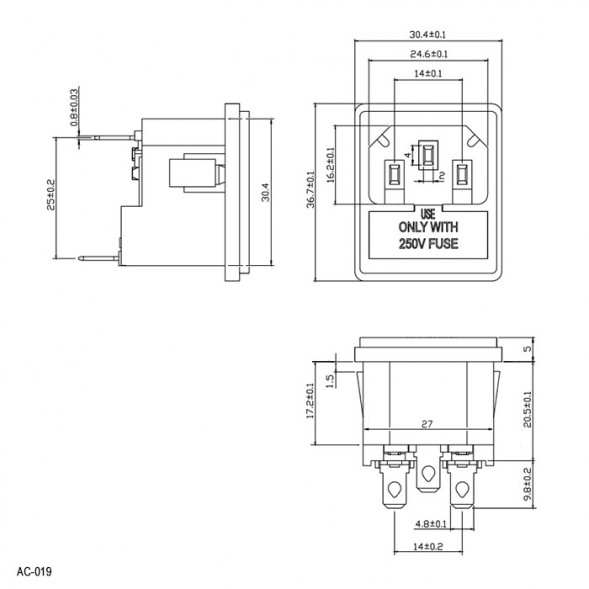 AC-019 Разъем питания 220В гнездо на панель