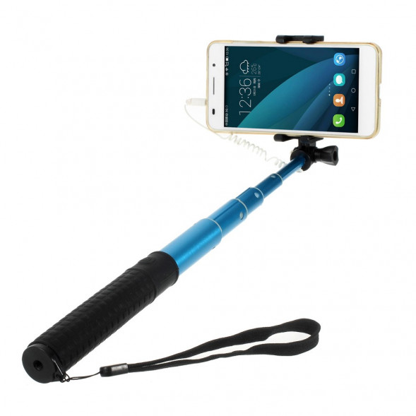 Алюминиевый выдвижной монопод селфи с 3,5 мм аудио кабелем для iPhone 6, 6s, 5s, 5, GoPro (Синий)