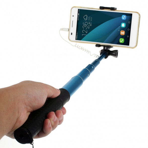 Алюминиевый выдвижной монопод селфи с 3,5 мм аудио кабелем для iPhone 6, 6s, 5s, 5, GoPro (Синий)