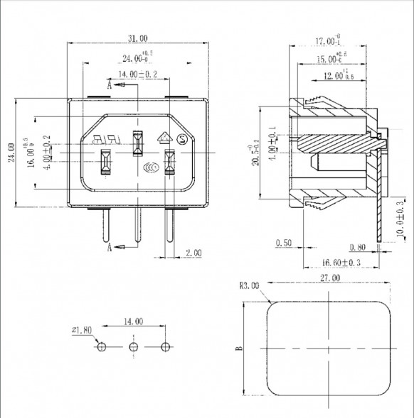 AC-020 Разъем питания 220В гнездо на панель
