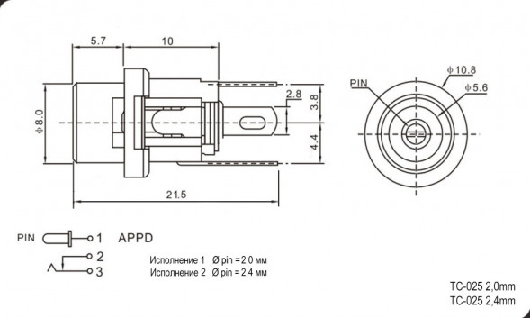 TC-025 2.4mm разъем низковольтный блочный на панель