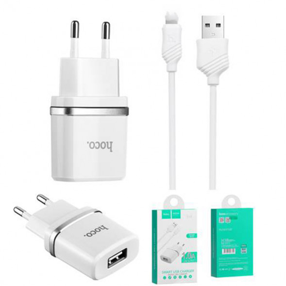 Зарядка USB HOCO C11 с кабелем микро USB 1000mA (белый)