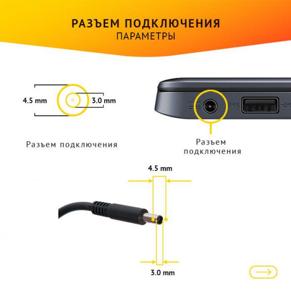 Блок питания (сетевой адаптер) для ноутбуков Dell 19.5V, 3.34A, 65W (4.5x3.0 с иглой)