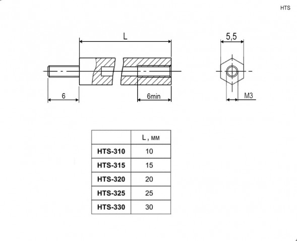 HTS-325 стойка монтажная шестигранная для печатной платы (5 штук)