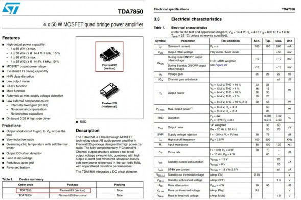 TDA7850 Микросхема Hi-Fi aудио усилитель мощности 4х80Вт корпус Flexiwatt25