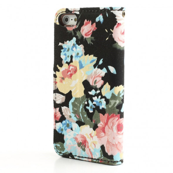 Чехол книжка с цветами для iPhone 5, 5S, SE (черный)