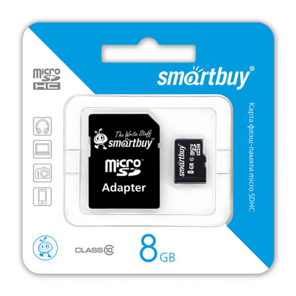 Карта памяти MicroSDHC 8GB Class 10 Smart Buy + SD адаптер