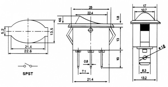 DAV R/3P on-off красный рокерный переключатель