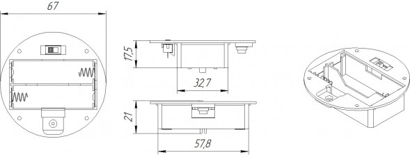 AAх2 switch D67х18mm Батарейный отсек круглый с выключателем (белый)