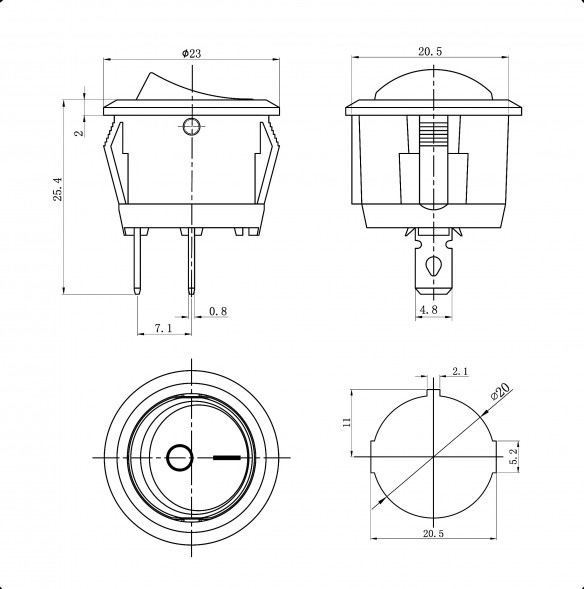 KCD1-101-5-C3-B/2P on-off Переключатель клавишный (рокерный)