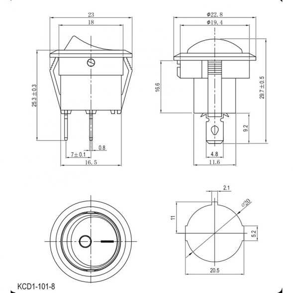 KCD1-101-8-C3-B/2P on-off Переключатель клавишный (рокерный)