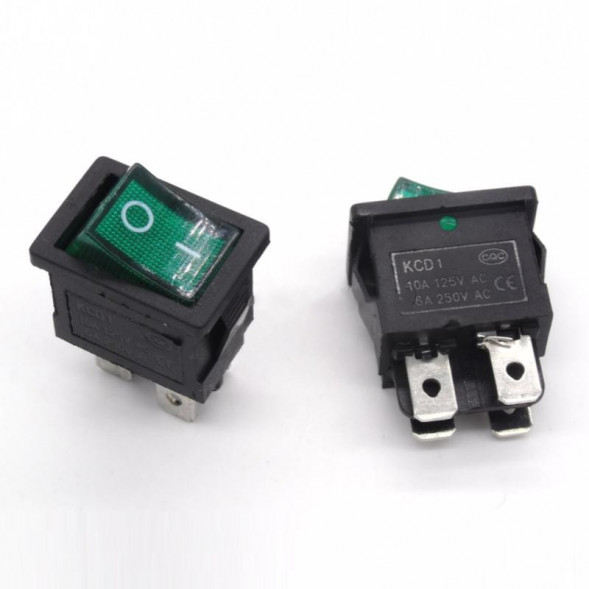 Переключатель с подсветкой ON-OFF 6A 250VAC 4Pin (зеленая клавиша)