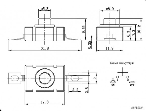 MJ-PBS02A on-off 1.5A 250VAC Переключатель SMD ON - OFF (черный)