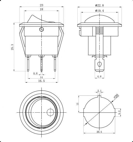 KCD1-101EN-8-R/3P on-off Переключатель клавишный (рокерный)