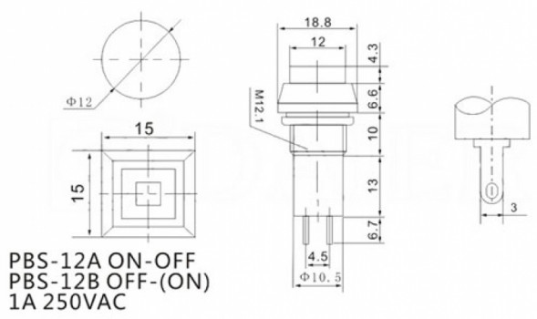 PBS-12B off-(on) красный квадратный переключатель кнопочный