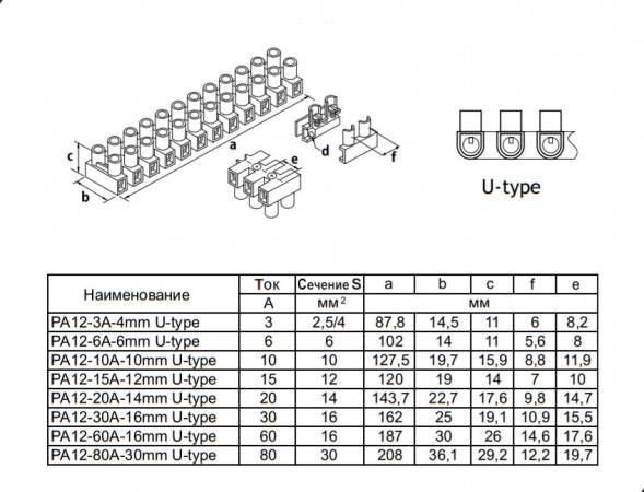 PA12-3A-4mm U-Type колодка клеммная винтовая, тип U