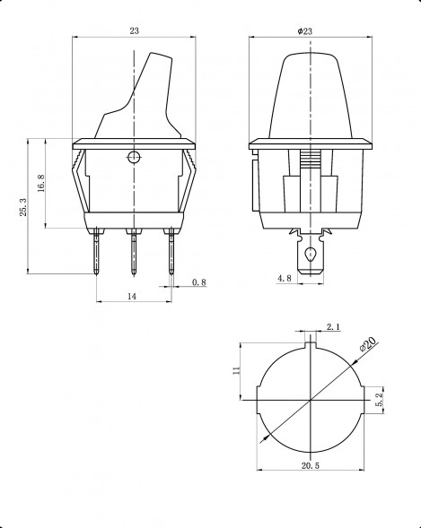 KCD1-101N-5H-Y/3P on-off Переключатель клавишный (рокерный)