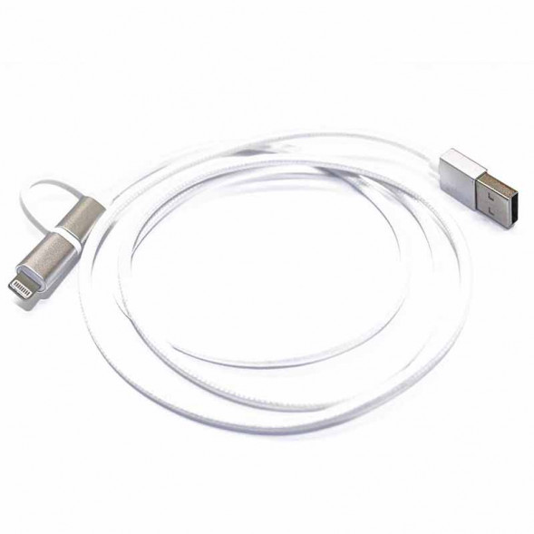 USB Кабель MicroUSB в тканевой оплетке с металлическими концевиками и переходником Lightning (белый)