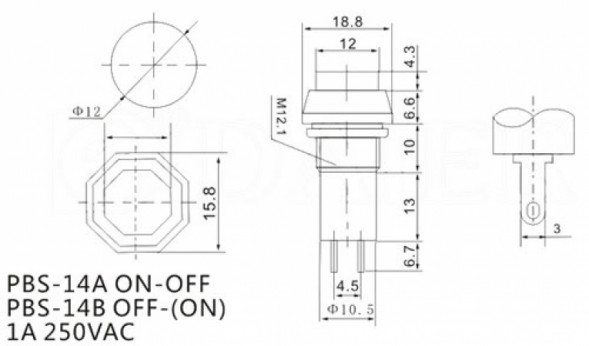 PBS-14A on-off красный переключатель кнопочный