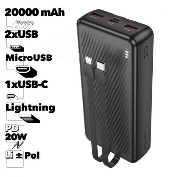 Внешний аккумулятор Power bank Borofone BJ57A 20000mAh 2xUSB, 1xUSB-C, 3А, 22.5W (Черный)