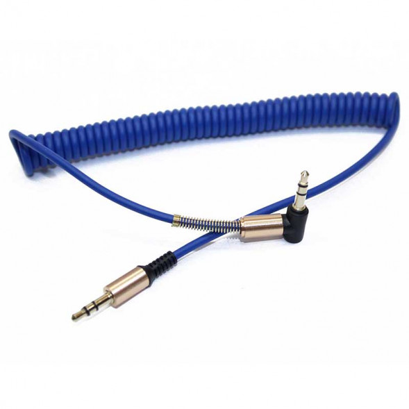 AUX кабель 3.5MM прорезиненный загнутый на 90 град пружина папа-папа (синий)