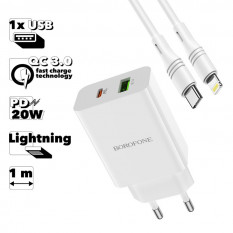 Зарядное устройство Borofone BA56A Lavida 1xUSB QC3.0, PD 20W + кабель Lightning 8-pin, 1м (белый)
