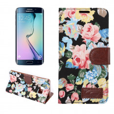 Чехол книжка с цветами для Samsung Galaxy S6 EDGE+ G928 (Черный)