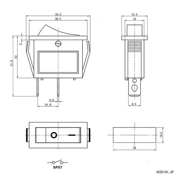KCD3-101-C3-B/2P on-off Переключатель клавишный (рокерный)