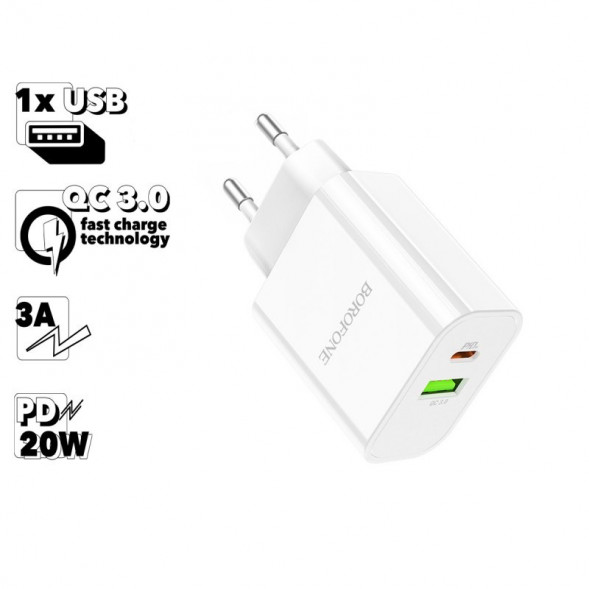 Сетевое зарядное BA55A Crown Speed 1xUSB QC3.0, 3A, USB-C PD, 20W (белый)