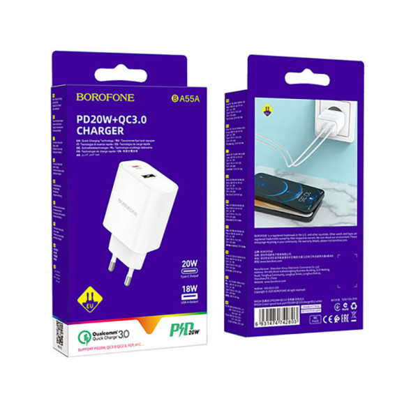 Сетевое зарядное BA55A Crown Speed 1xUSB QC3.0, 3A, USB-C PD, 20W (белый)