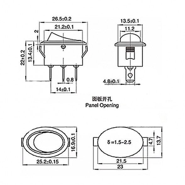 Переключатель овальный ON-OFF-ON 6A 250V 3Pin (черная клавиша)