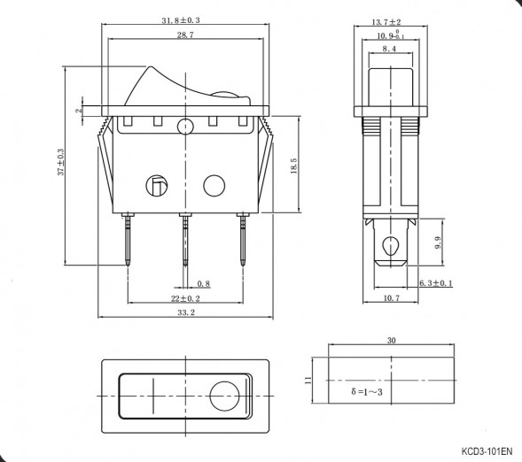 KCD3-101EN-B/3P on-off Переключатель клавишный (рокерный)