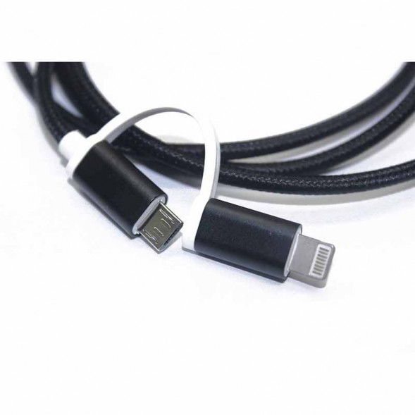 USB Кабель MicroUSB в тканевой оплетке с металлическими концевиками и переходником Lightning (серый)