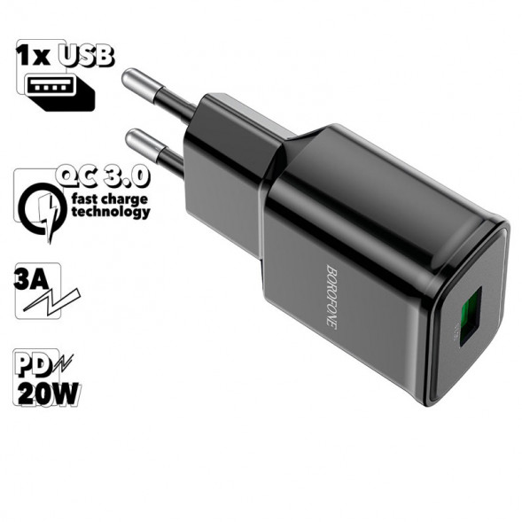 Сетевое зарядное Borofone BA59A Heavenly 18W QC3.0 с быстрой зарядкой (черный)
