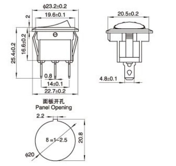 Переключатель круглый 23мм ON-OFF-ON 6A 250V 3Pin (черная клавиша)