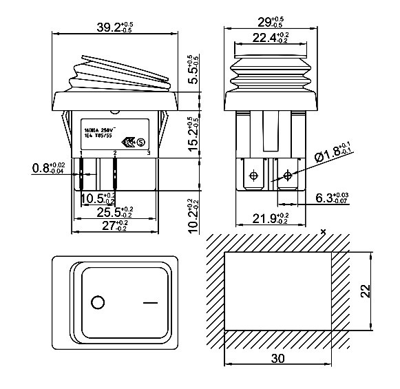 SB092 IP65 on-off 22x30mm Переключатель клавишный (рокерный)