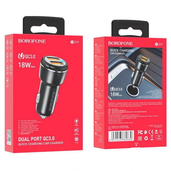 Автомобильное зарядное устройство Borofone BZ17 Core два USB QC3.0 (черный)