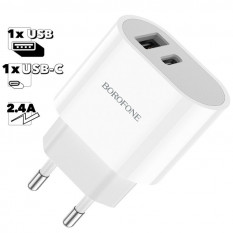 Зарядное устройство 2 выход USB + USB-C Borofone BA62A Premium QC 3.0 (белый)